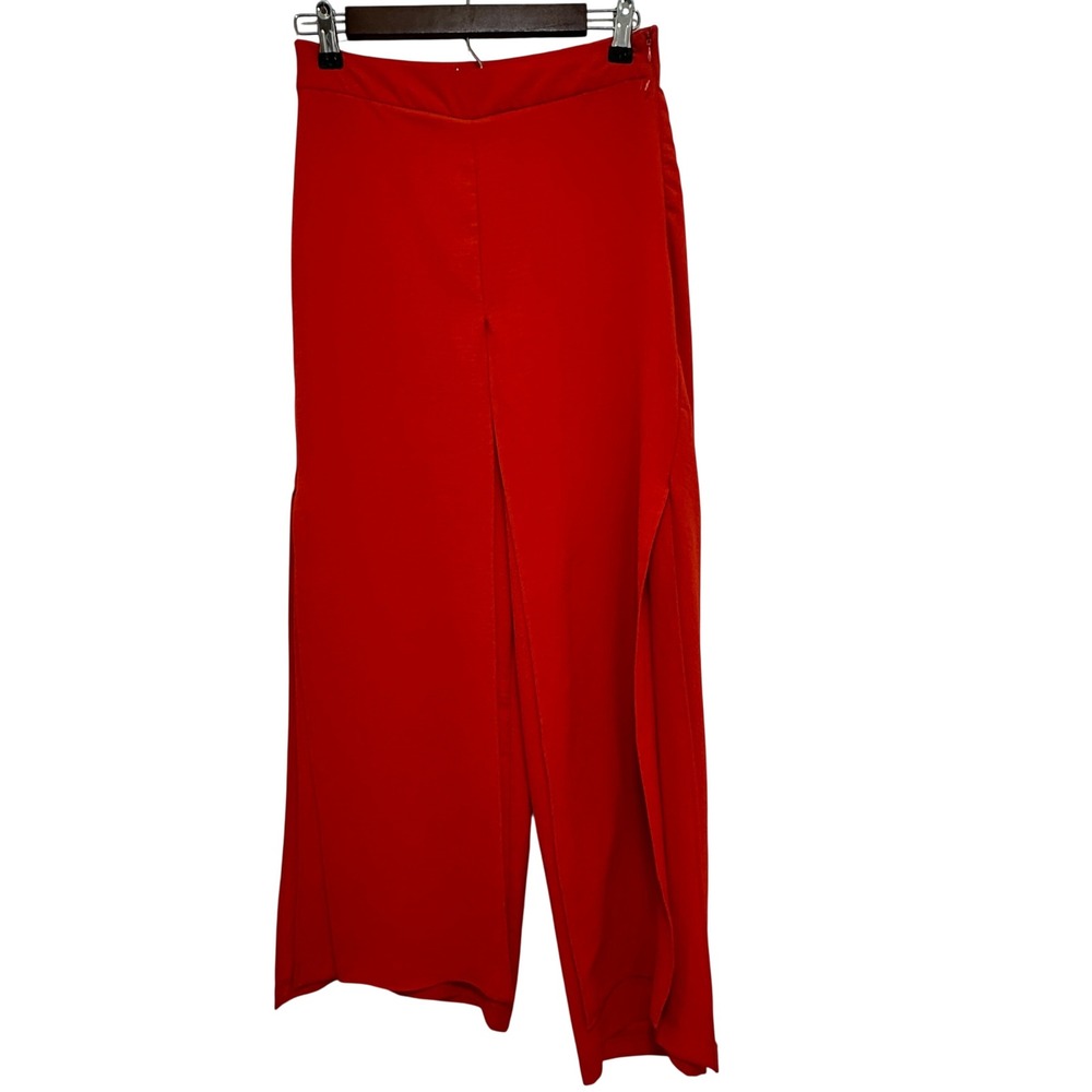 Zara Wide Leg Slit Pants Womens Small Red Good High Waist Side Zip Trousers